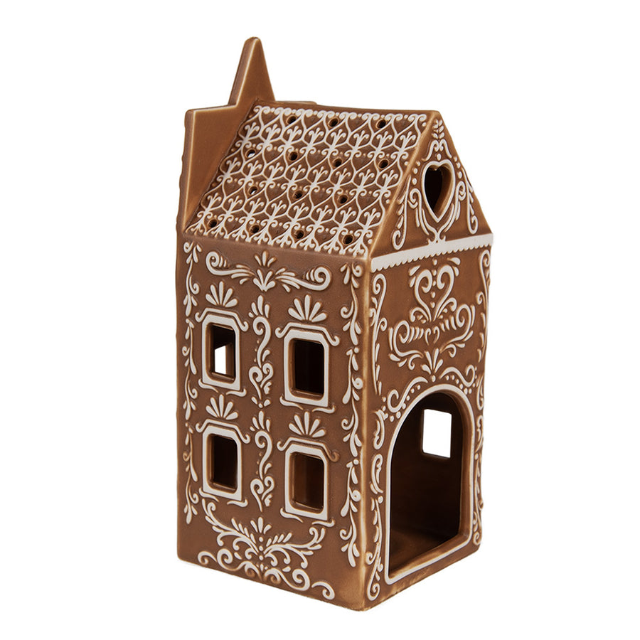 GINGERBREAD porcelán házikó mécsestartó hátoldali részletgazdag kialakítással