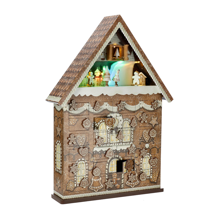 GINGERBREAD zenélő adventi házikó bekapcsolt világítással és mozgó jelenettel