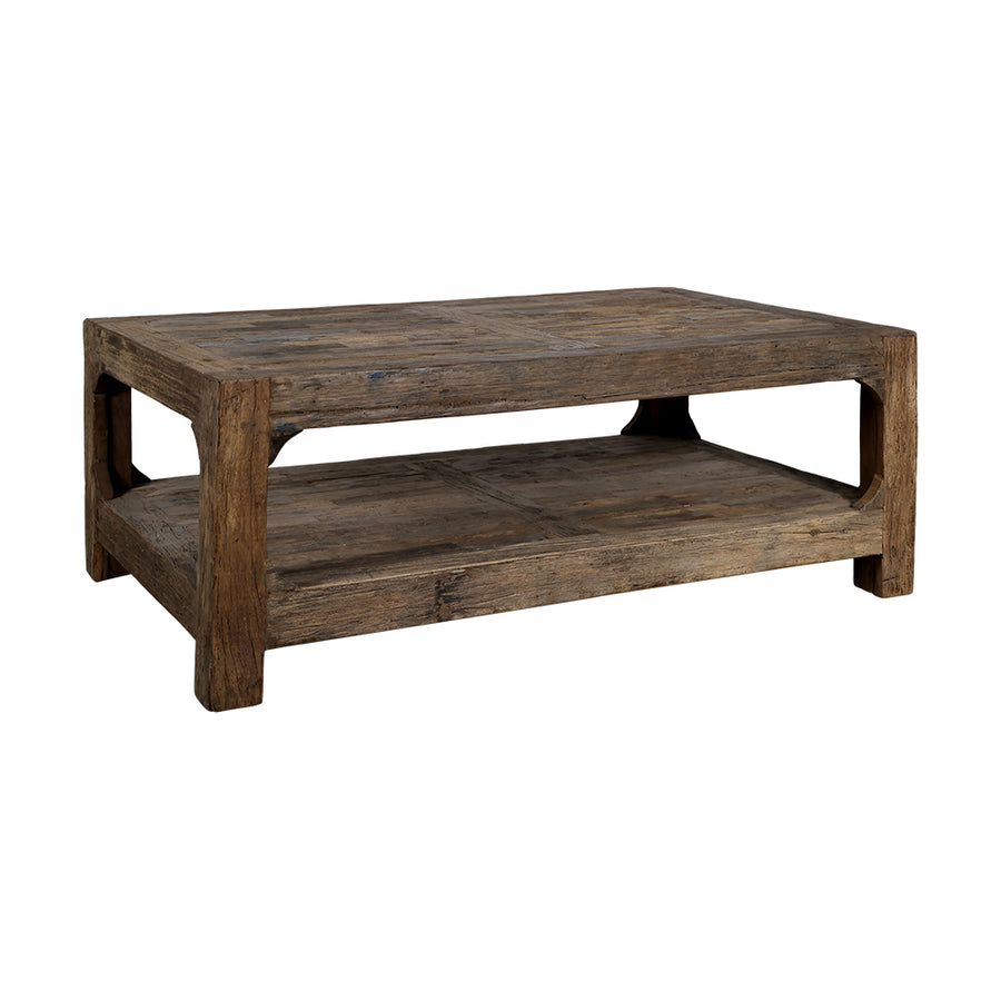 GRIMAUD rusztikus dohányzóasztal újrahasznosított fából, alsó polccal – elölnézet