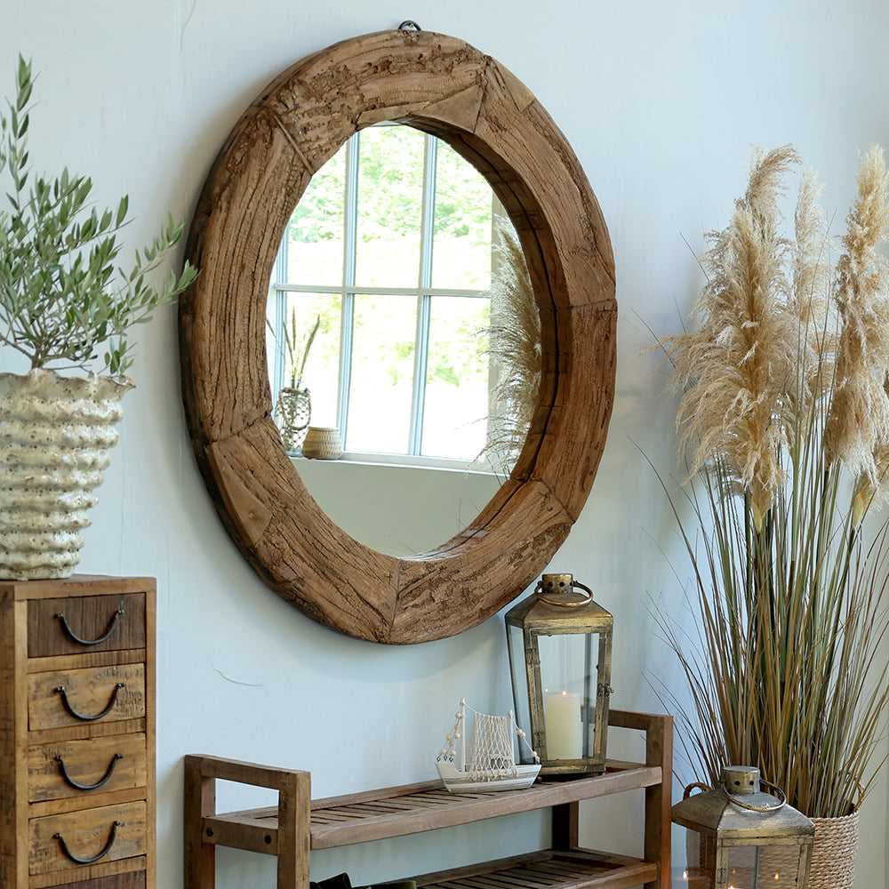 GRIMAUD falitükör natúr fa kerettel, rusztikus enteriőrben elhelyezve