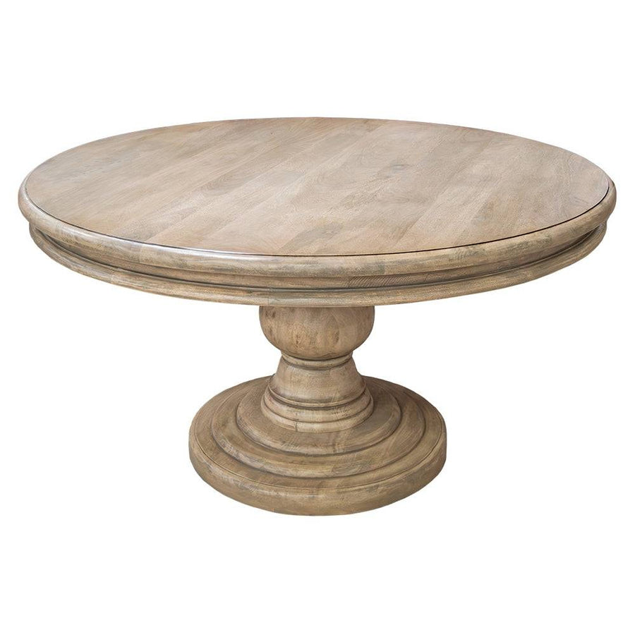 Habana stílusú kerek étkezőasztal natúr mangófából, gömbdíszes talapzattal, elölnézetből