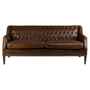 Hampton 3 személyes dohánybarna bőrkanapé szemből, gombbehúzásos háttámlával és szegecselt szegéllyel