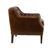 Hampton kollekció dohánybarna bőrfotel oldalnézetből, ívelt karfákkal és természetes marhabőr kárpittal