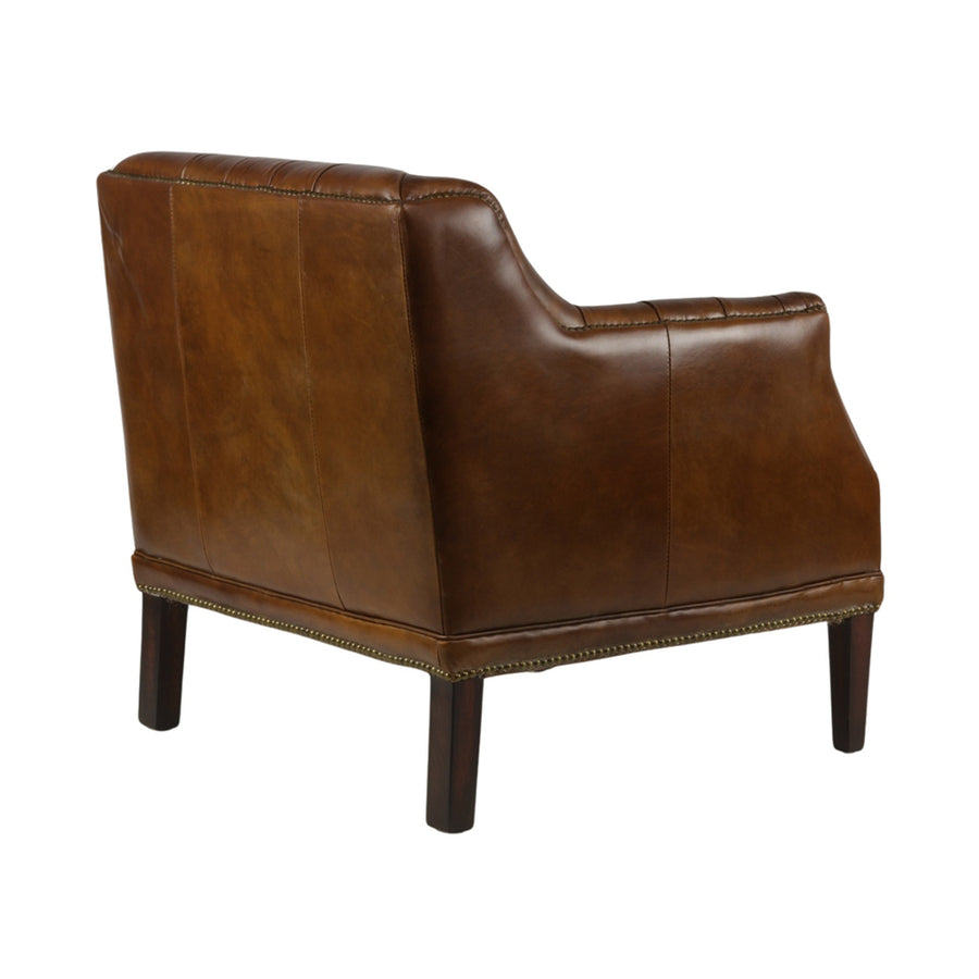 Antikolt bőrrel bevont fotel hátsó és oldalsó nézetből, sötétbarna fa lábakkal