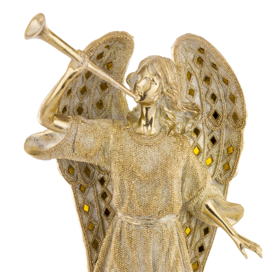 Aranyszínű, harsonás karácsonyi angyal figura.