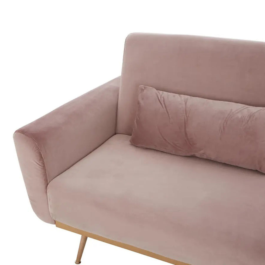 Púderpinkszínű bársonnyal kárpitozott, dönthető háttámlájú, ággyá alakítható 3 személyes kanapé.