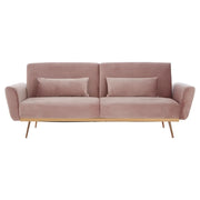 Púderpinkszínű bársonnyal kárpitozott, dönthető háttámlájú, ággyá alakítható 3 személyes kanapé.