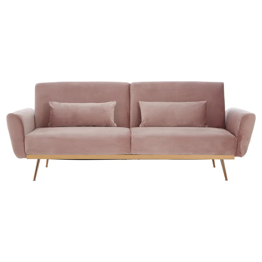 Púderpinkszínű bársonnyal kárpitozott, dönthető háttámlájú, ággyá alakítható 3 személyes kanapé.