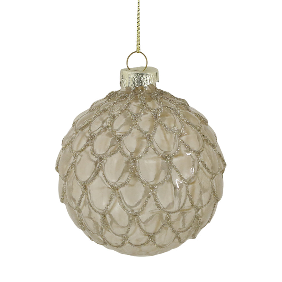 Áttetsző pezsgőszínű karácsonyfadísz pikkelymintás üvegfelülettel, Heritage kollekció.