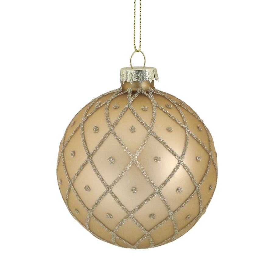 Pezsgőszínű üveg karácsonyfadísz rácsos ezüst mintával, klasszikus Heritage stílusban.