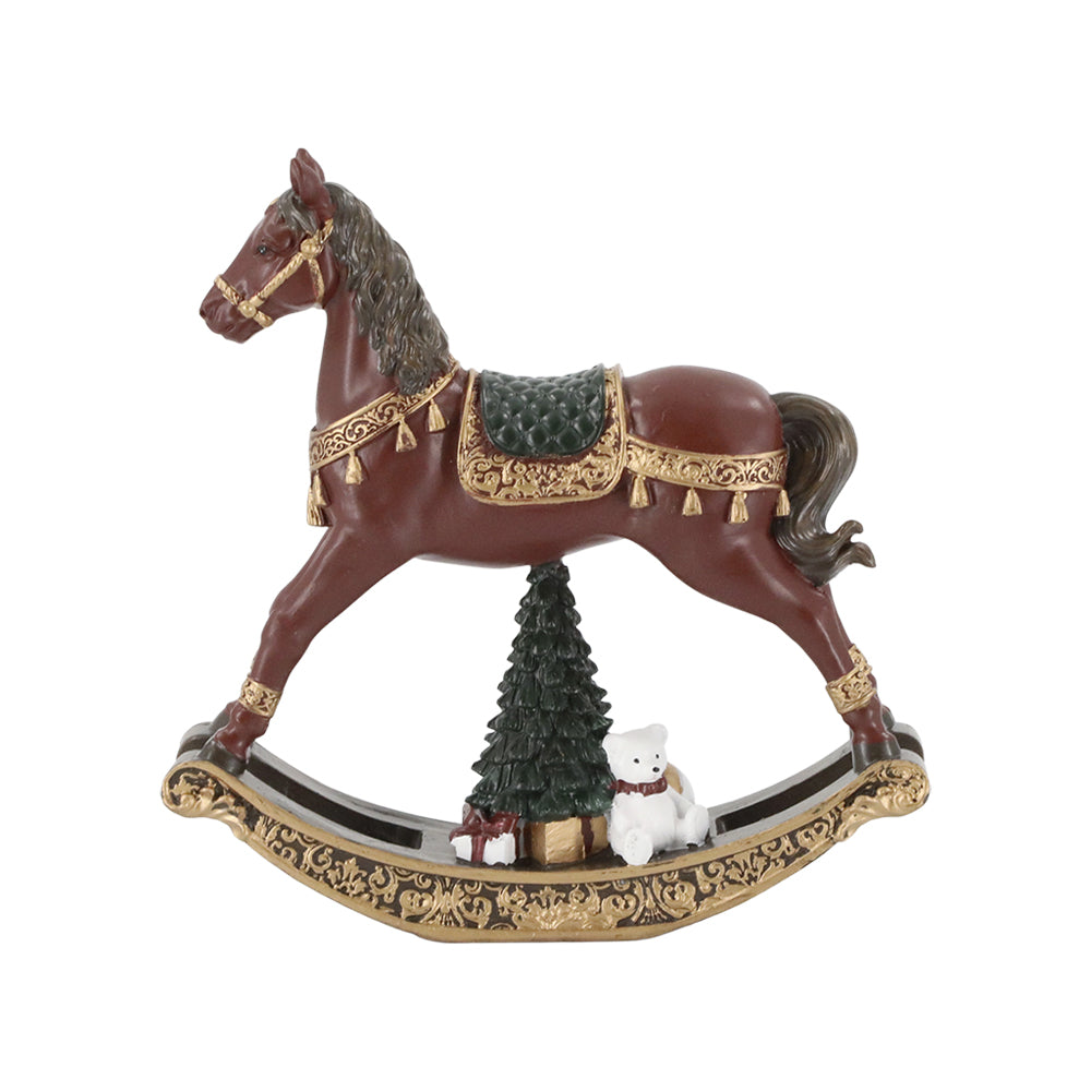 Bordó karácsonyi hintaló figura arany díszítéssel, karácsonyfa és mackó motívummal