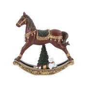 Bordó karácsonyi hintaló figura arany díszítéssel, karácsonyfa és mackó motívummal