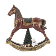 Bordó karácsonyi hintaló figura arany díszítéssel, karácsonyfa és mackó motívummal