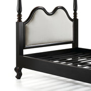 HERITAGE fekete mahagónifa franciaágy világos szövetbetétes fejtámlával, koloniál stílusban