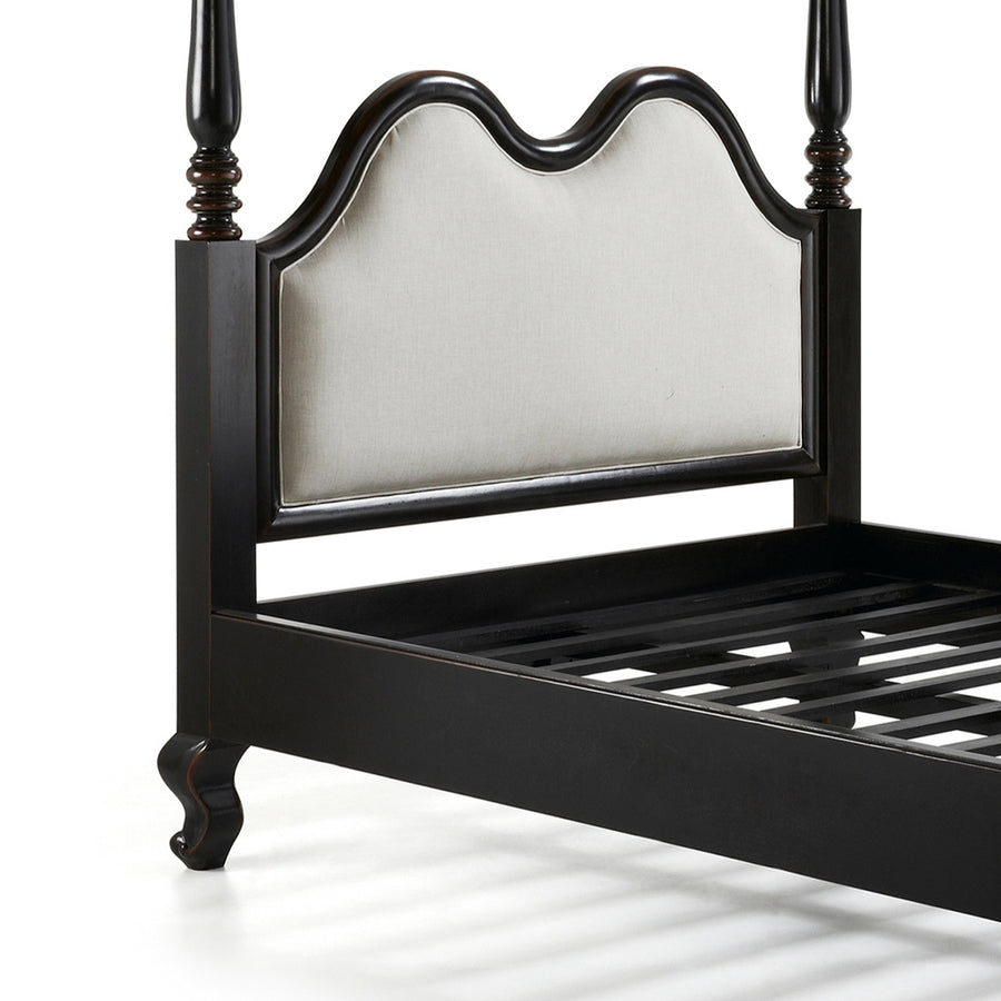 HERITAGE fekete mahagónifa franciaágy világos szövetbetétes fejtámlával, koloniál stílusban