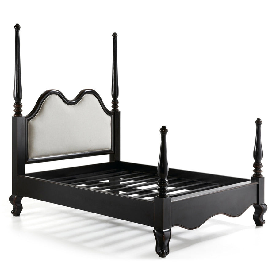 HERITAGE fekete mahagónifa franciaágy előlnézetben, szövetbetétes fejtámlával és díszes oszlopokkal