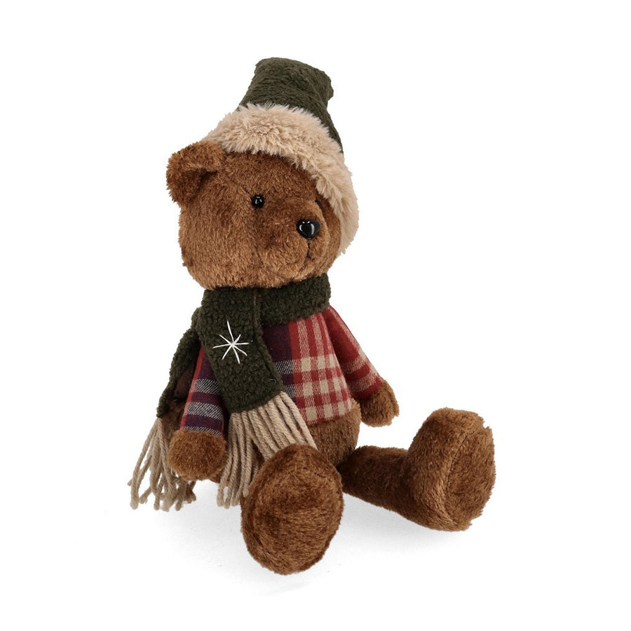 Ülő HERITAGE karácsonyi mackó figura zöld sapkával és kockás pulóverben