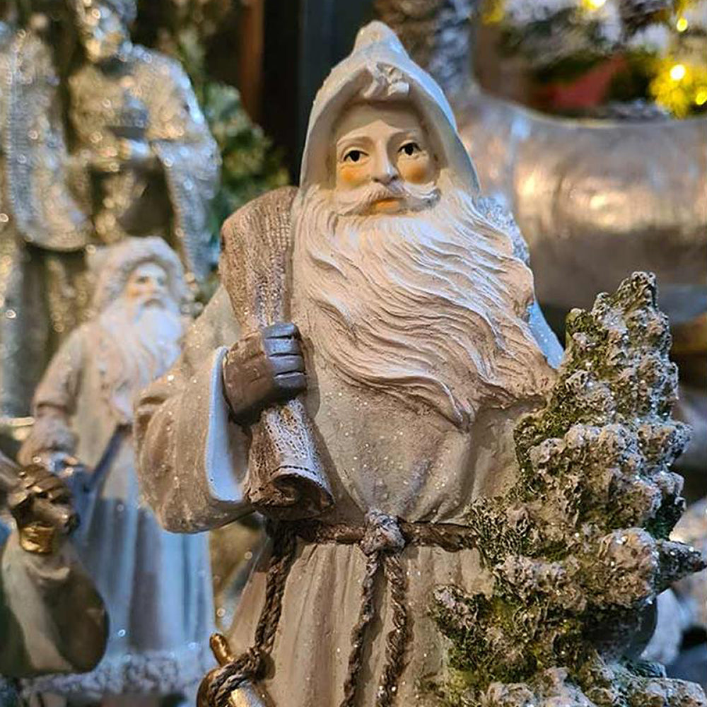 Világoskék vintage Mikulás figura havas fenyőfával és csengővel