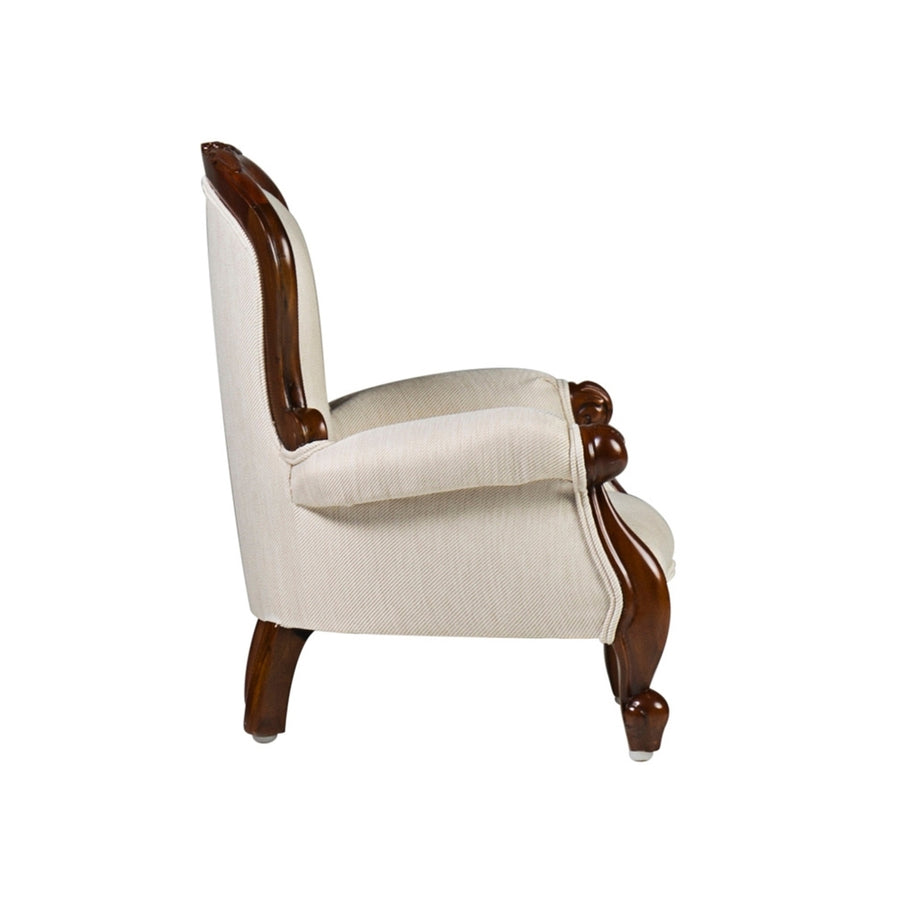 Mahagónifa gyerekfotel oldalnézetben puha kárpitozással