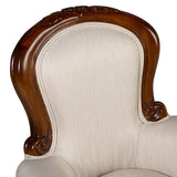 Mahagónifa fotel háttámla díszítéssel és textil kárpittal