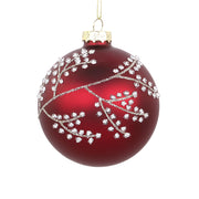 Meggyszínű, üvegből készült, gömb formájú karácsonyfadísz.