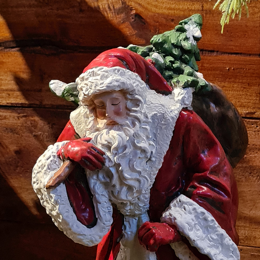 Bordó ruhás vintage Mikulás figura fenyőfás zsákkal