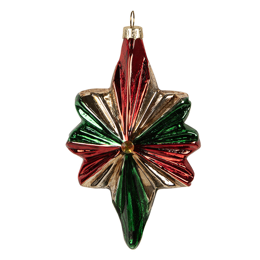 Christmas Heritage piros zöld arany üveg csillag karácsonyfadísz 14 cm fehér háttéren