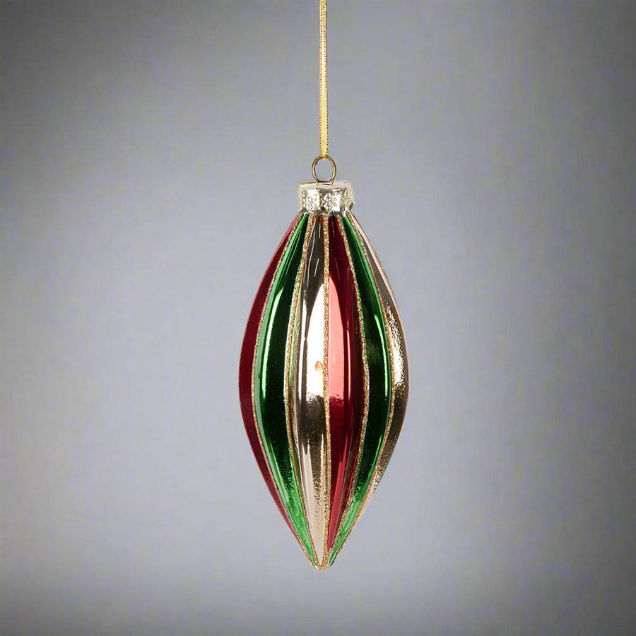 Függeszthető, retró stílusú, 13 cm-es üveg karácsonyfadísz arany akasztóval.