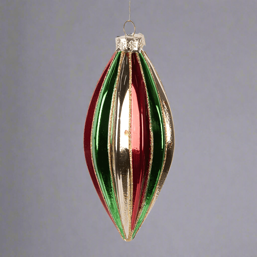 Vintage stílusú, hosszúkás, bordó-zöld-arany üveg karácsonyfadíszszürke háttérrel.