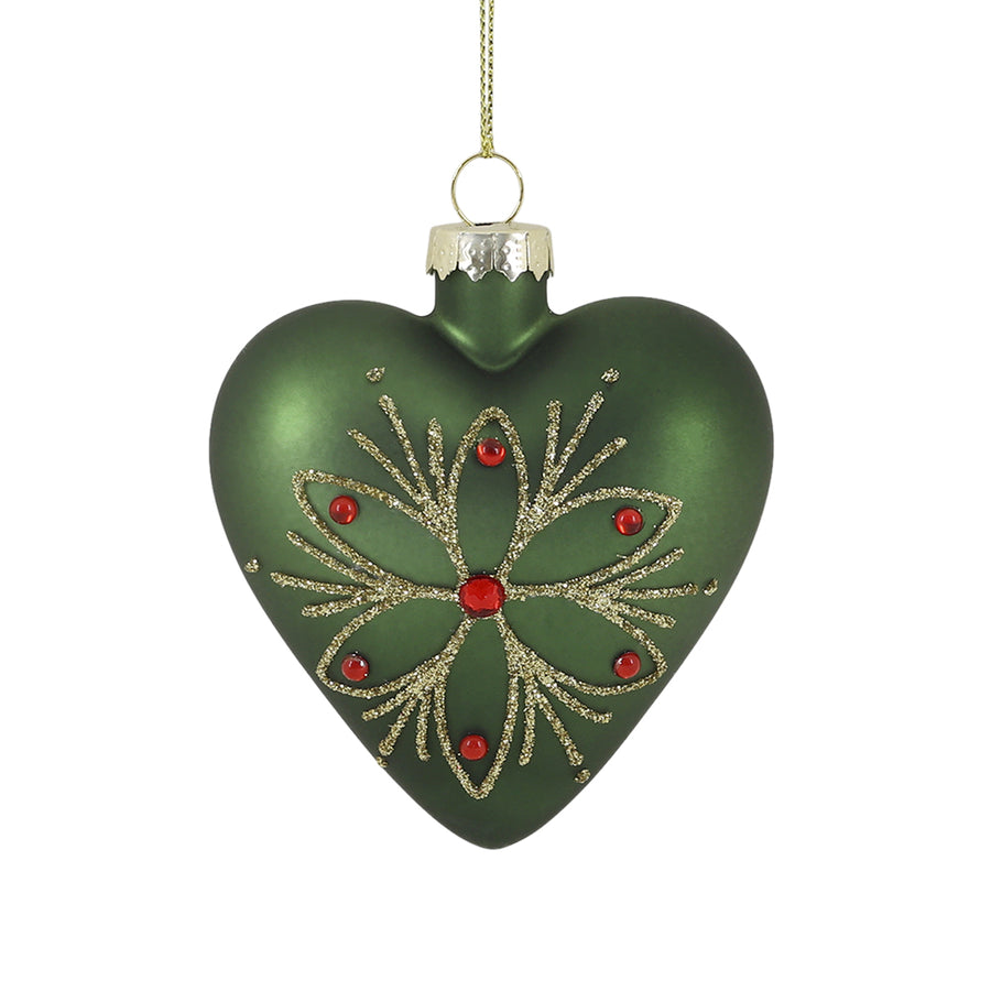 Heritage zöld szív alakú üveg karácsonyfadísz aranyszínű csillámos virágmintával és piros díszkövekkel, 8 cm magas.