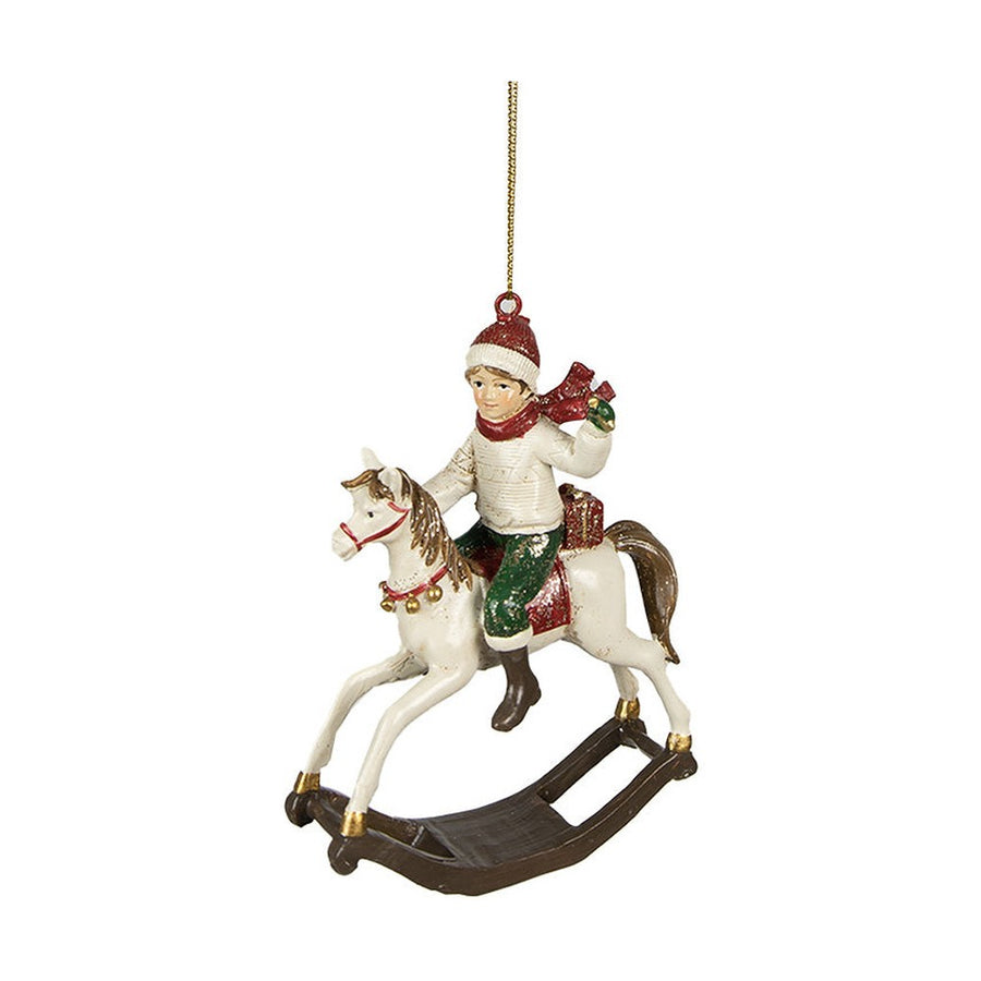 Kisfiú hintalóval akasztós karácsonyfadísz.