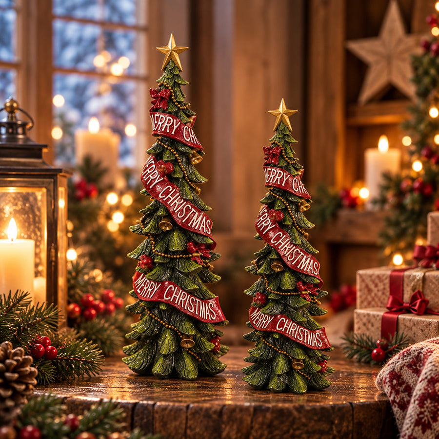 HOLLY GREENS karácsonyi dekorfenyőfák piros Merry Christmas szalaggal különböző méretekben