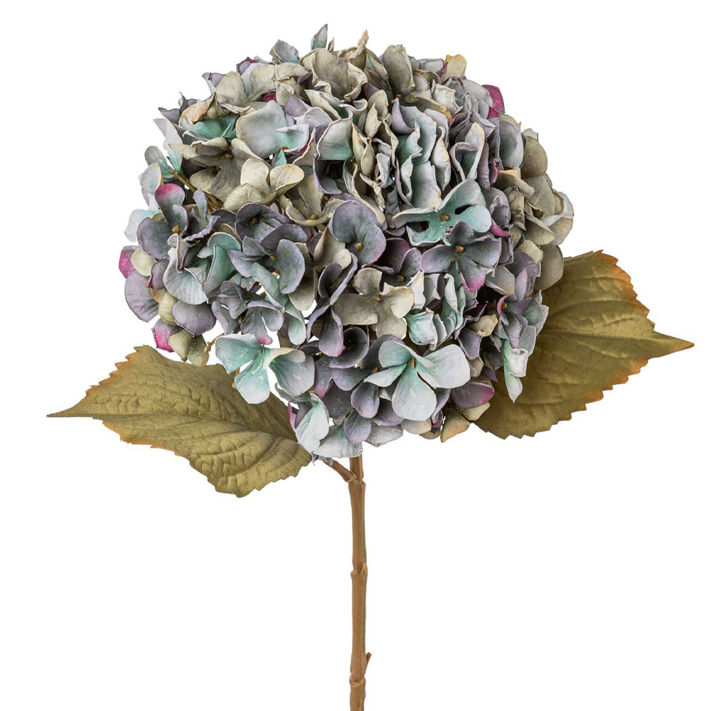Fáradtkék színű, élethű hortenzia művirág ág zöld levelekkel, fehér háttéren – Hydrangea kollekció