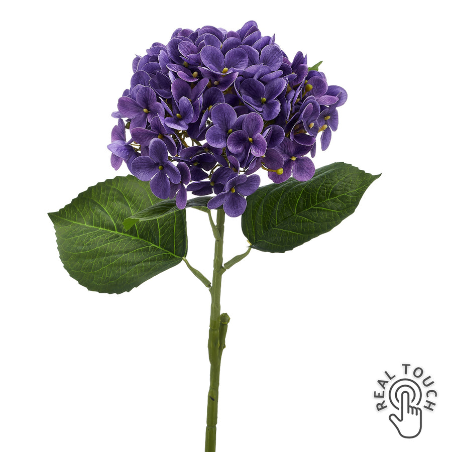 Lila mű hortenzia 60 cm real touch hatású szirmokkal fehér háttéren