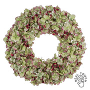 Zöld mű hortenzia koszorú real touch virágokkal fehér háttéren