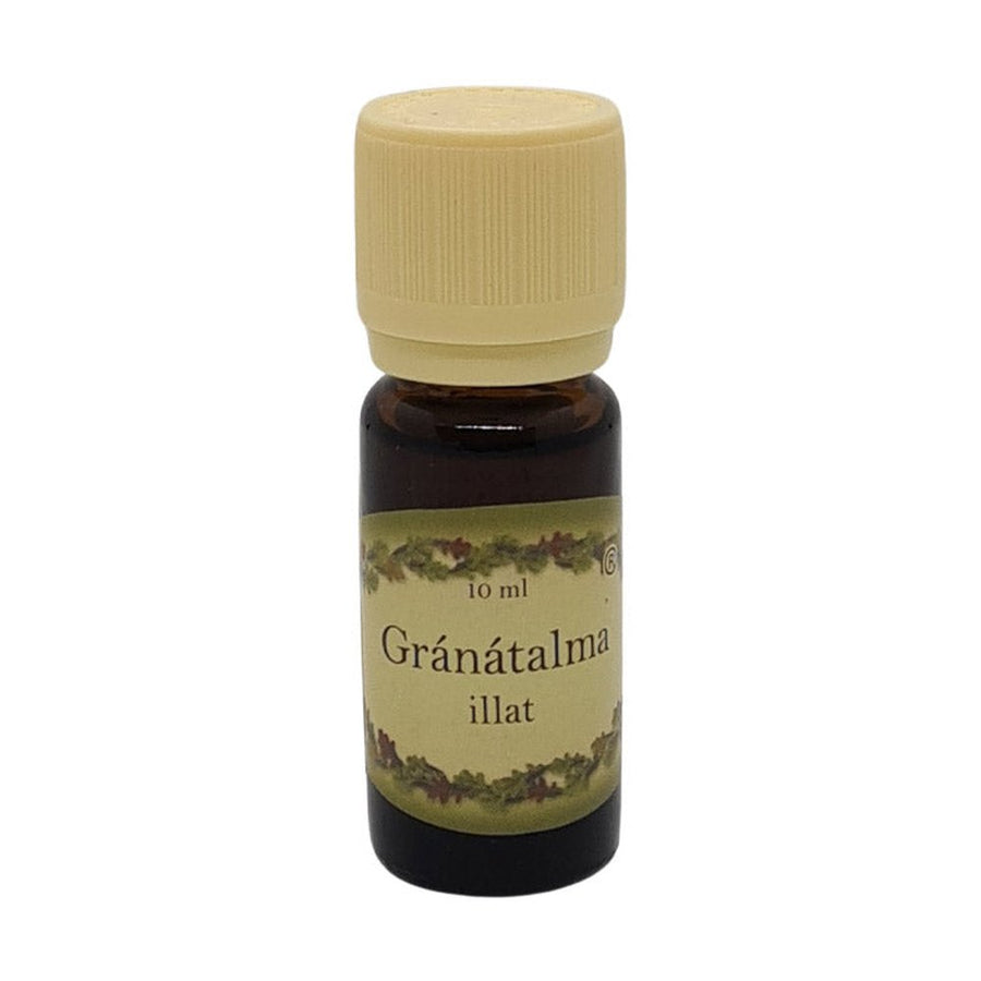 Gránátalma illatú illóolaj 10 ml-es barna üvegcsében, krémszínű kupakkal – gyümölcsös és frissítő aromával, párologtatásra.