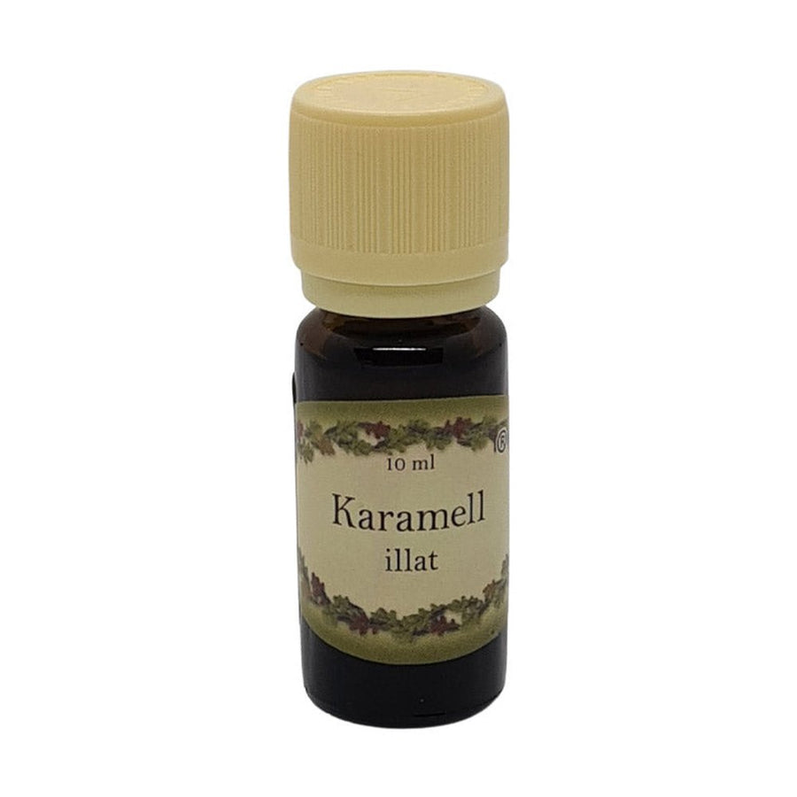 Karamell illatú illóolaj 10 ml-es barna üvegcsében, krémszínű kupakkal, édes és meleg aromával, párologtatóhoz.