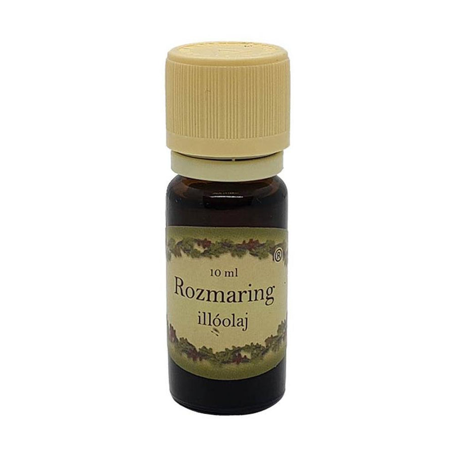 Rozmaring illatú illóolaj 10 ml barna üvegcsében, bézs kupakkal – friss, élénkítő, koncentrációt segítő aromaterápiás olaj.