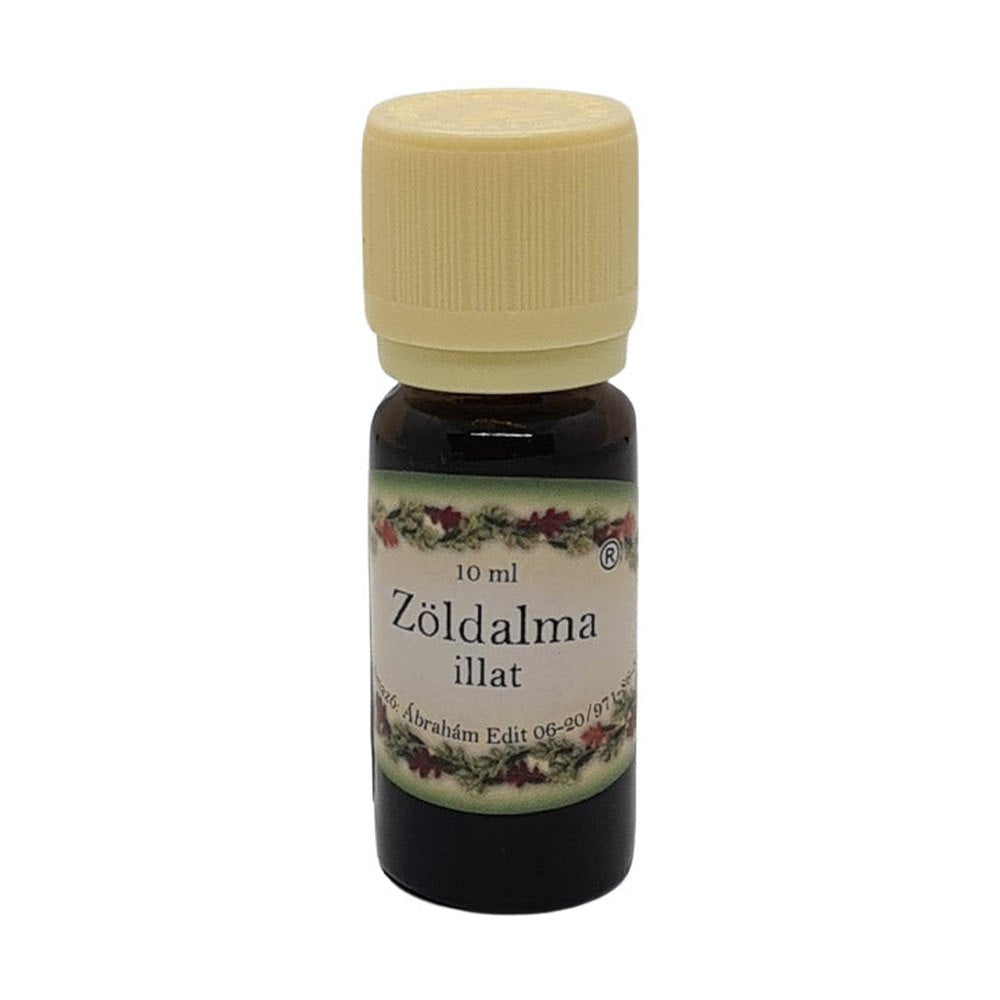 Zöldalma illatú illóolaj 10 ml barna üvegcsében, bézs kupakkal – friss, enyhén savanykás, üde gyümölcsös aromaterápiás olaj.
