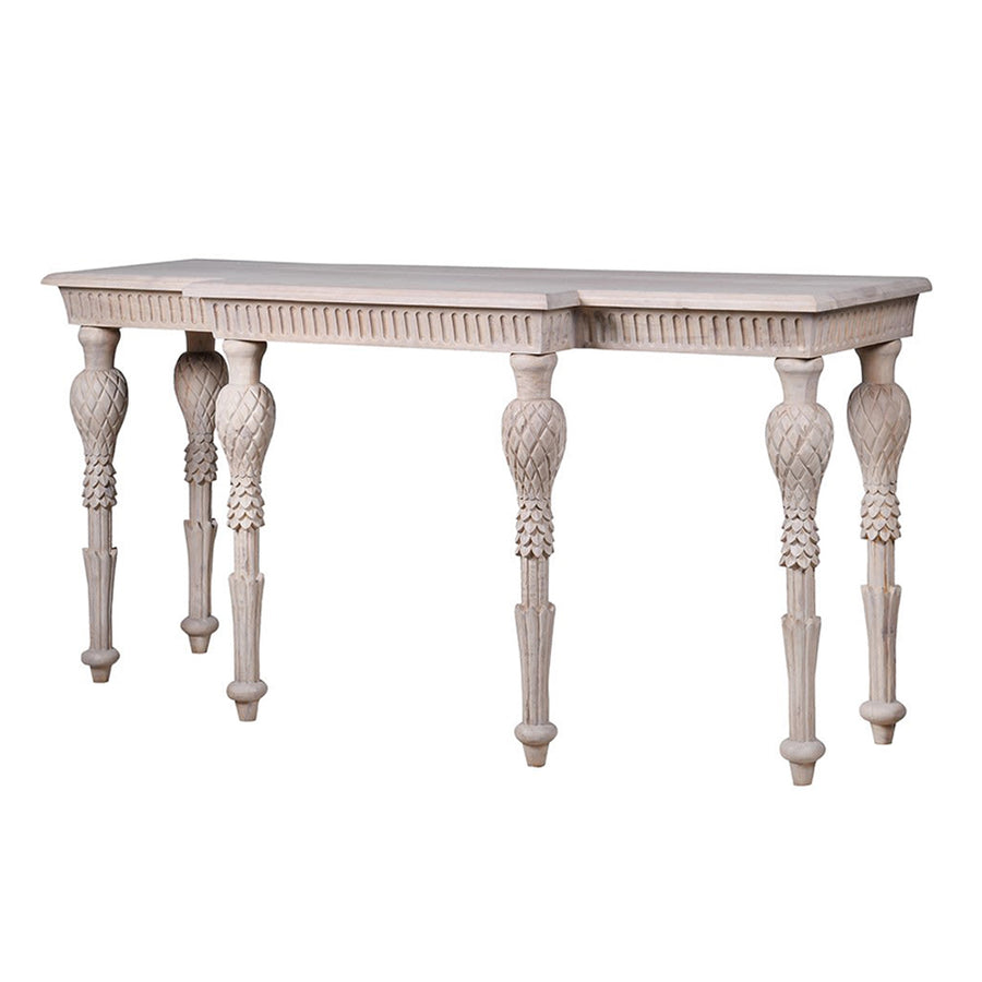 Tömör akácfából készült, ananászlábas exkluzív kézműves konzolasztal.