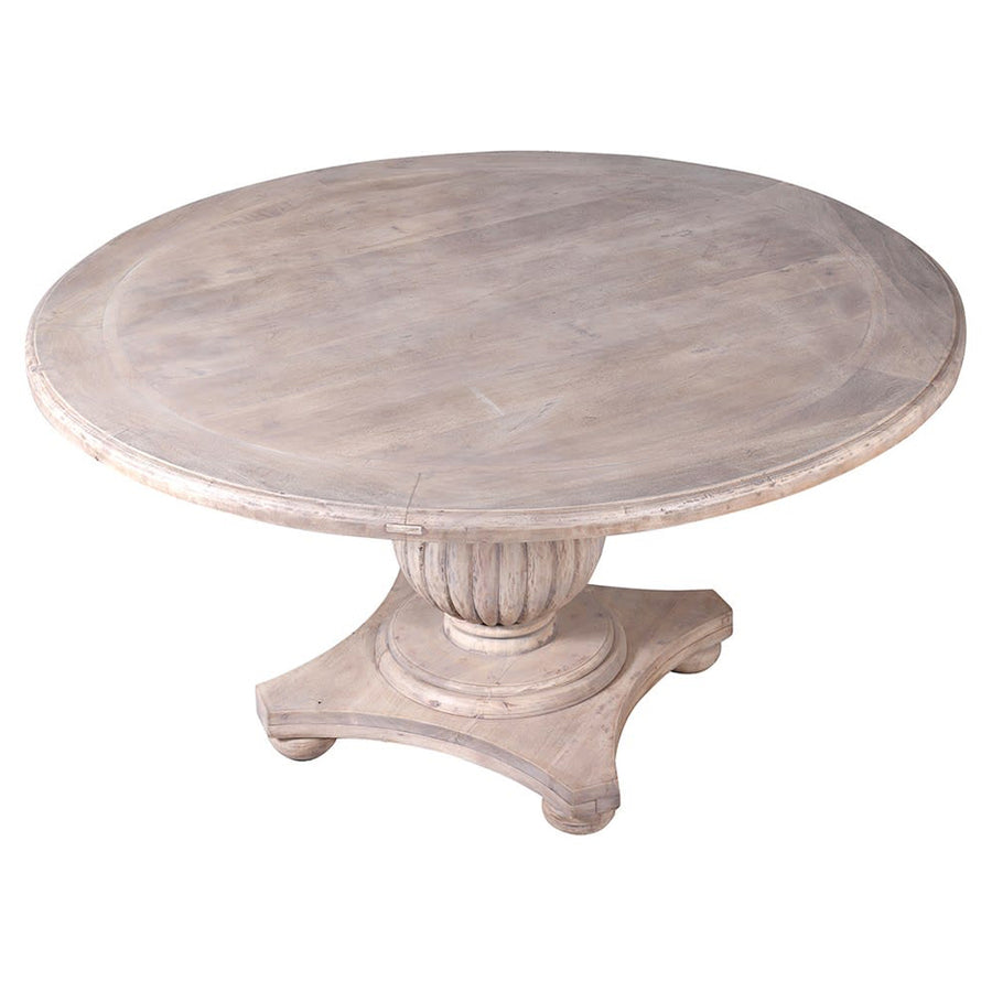 Natúrszínű, tömör akácfából készült, kerek formájú, exkluzív kézműves étkezőasztal.