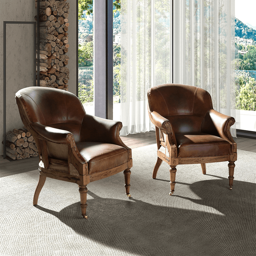 Konyakbarna színű cserzett marhabőrrel kárpitozott desing fotel.