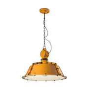 Rusztikus, ipari stílusú, sárga színű mázas kerámiából és fémből készült, textilburkolatú vezetékkel kialakított, kézműves függeszték lámpa .