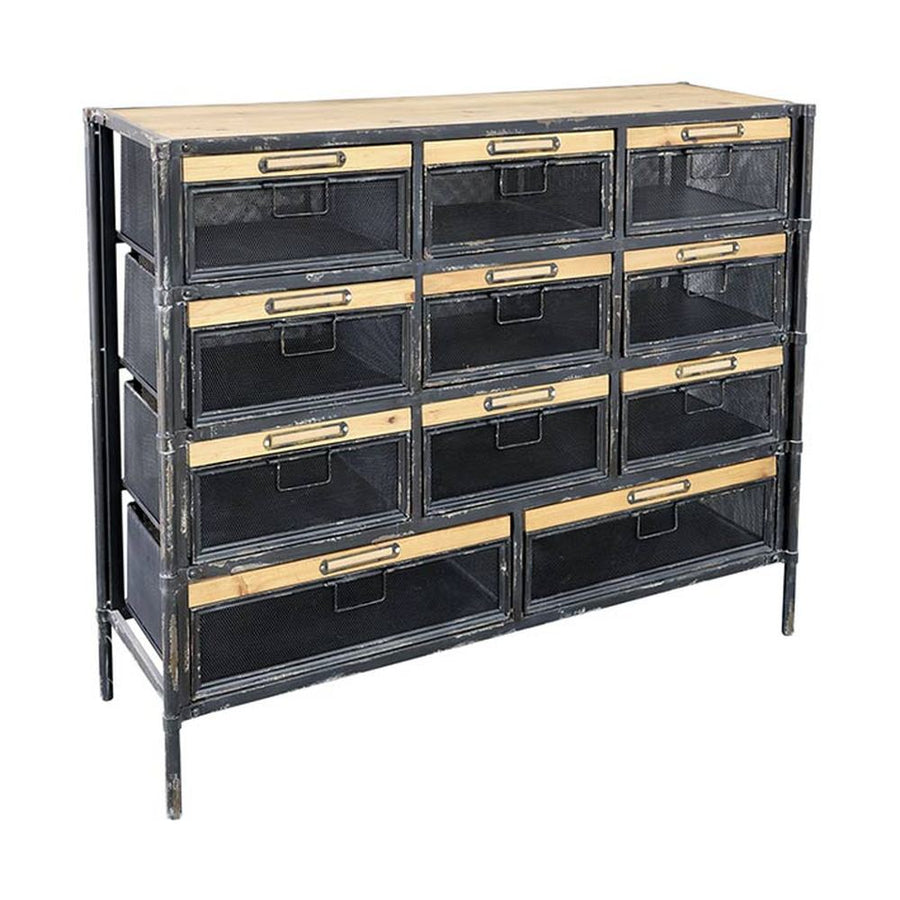 Fekete színű vasból és natúr színű fenyőfából készült 11 fiókos komód.