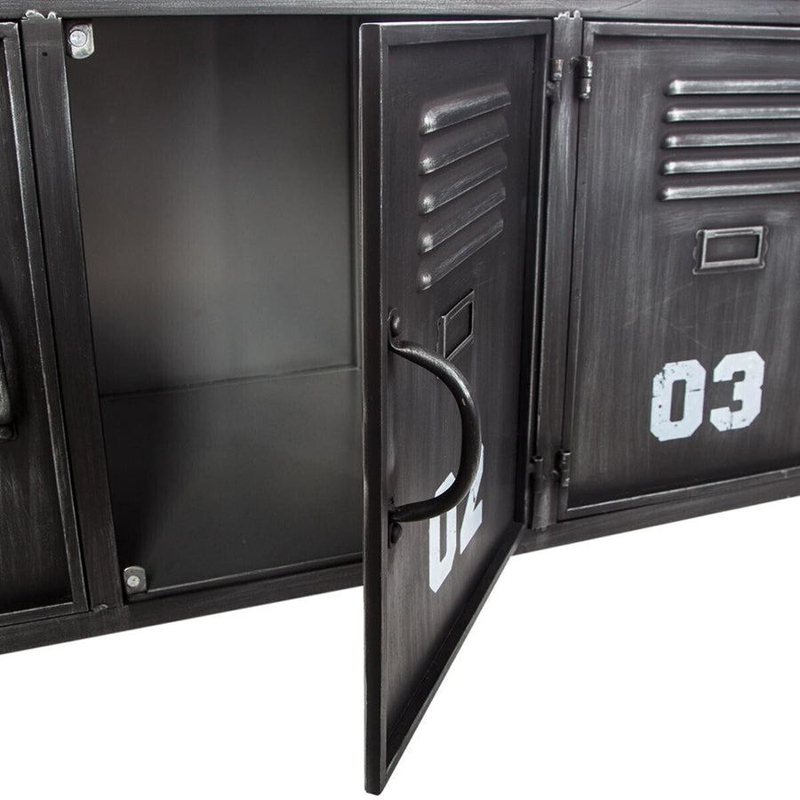 Ipari stílusú, antik szürke színű fém komód.