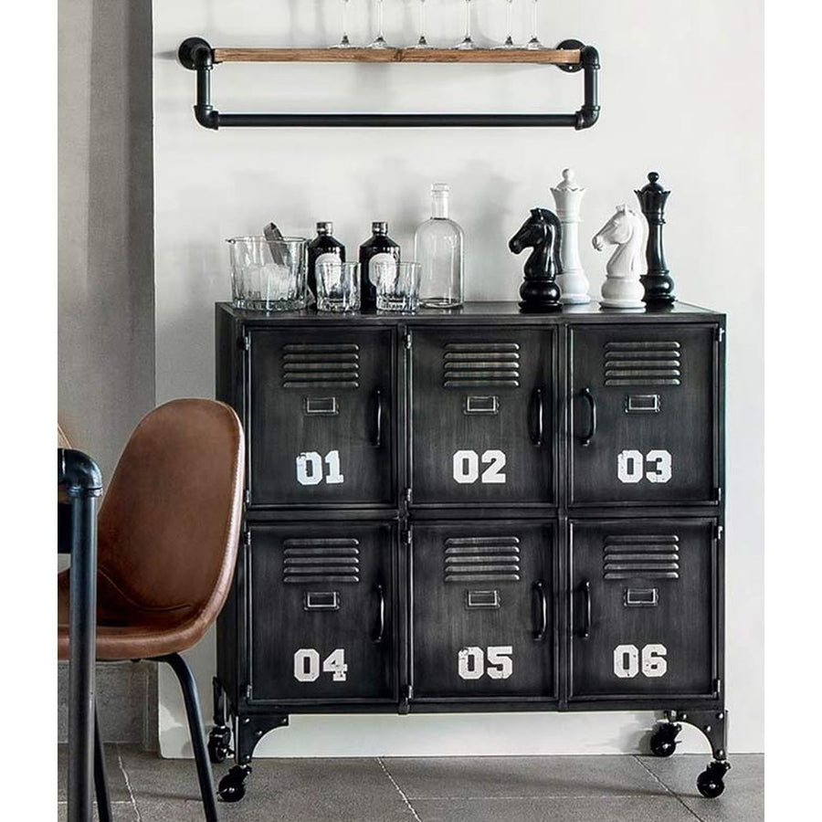 Antik szürke színű, ipari stílusú számozott fém komód.