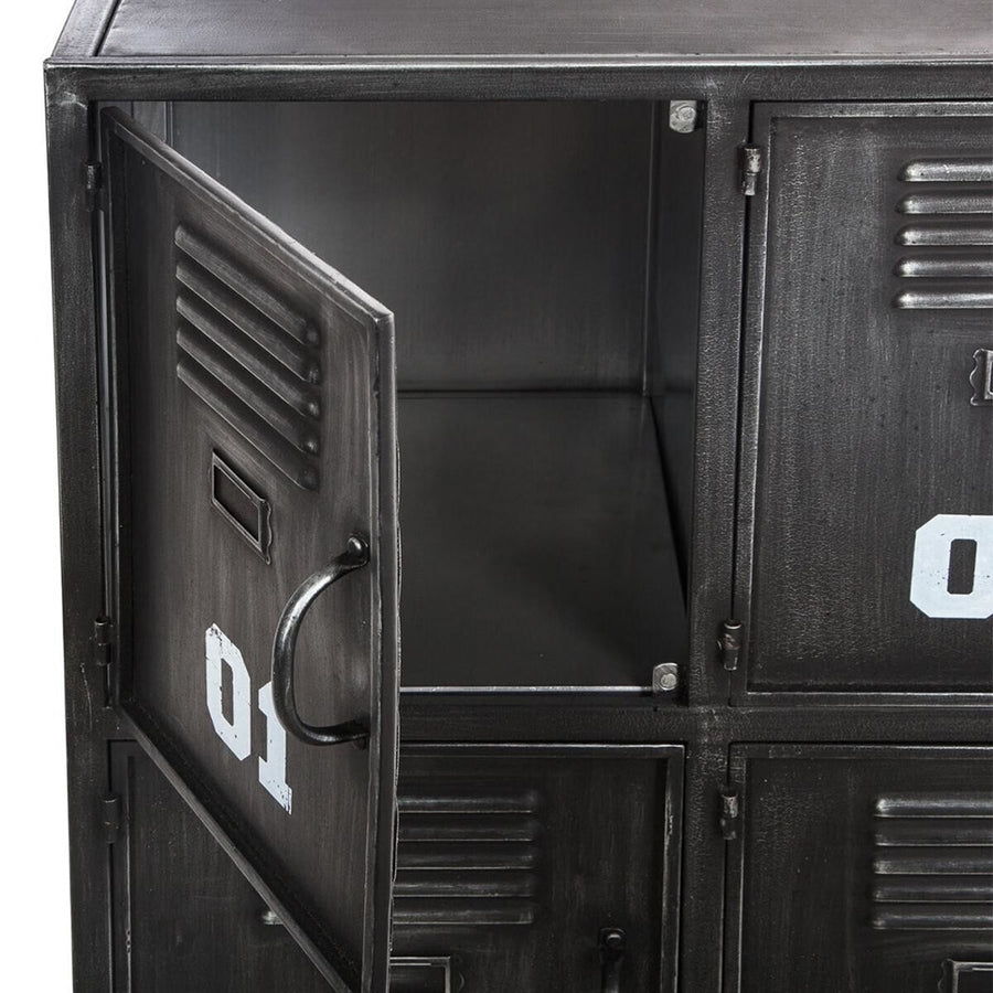 Antik szürke színű, ipari stílusú számozott fém komód.