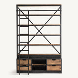 Ivalo fenyőfa-vas könyvespolc létrával, ipari stílusban