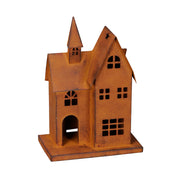 Rusztikus rozsdás fém házikó lámpás 32 cm a Junker kollekcióból. Kézműves hatású, karácsonyi dekoráció beltérre és kültérre, meleg gyertyafénnyel.