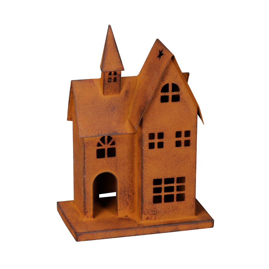 Rusztikus rozsdás fém házikó lámpás 32 cm a Junker kollekcióból. Kézműves hatású, karácsonyi dekoráció beltérre és kültérre, meleg gyertyafénnyel.